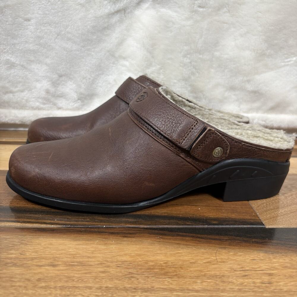 Ariat Womens Brown Leather Mule Clogs Fleece Lined Slip On Shoes 8